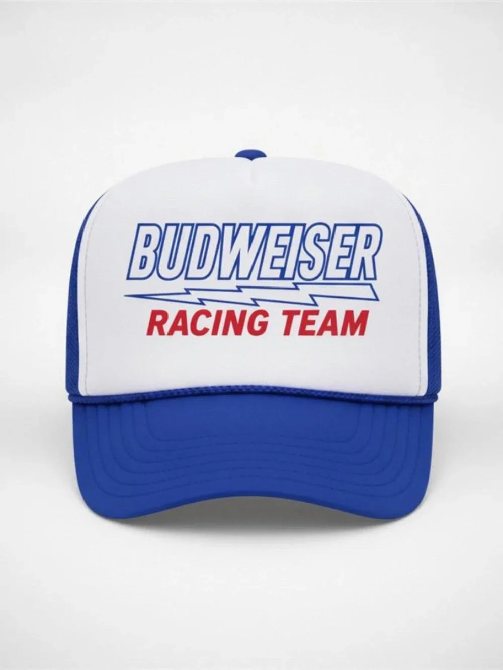 Retro Budweiser Racing Team Foam Trucker Hat Blue White Rope Snapback Cap 80s